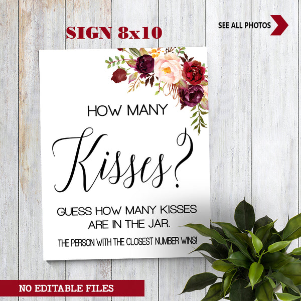 Guess how many Kisses Bridal Shower Game, Ready to Print, marsala floral boho chic G 108-09