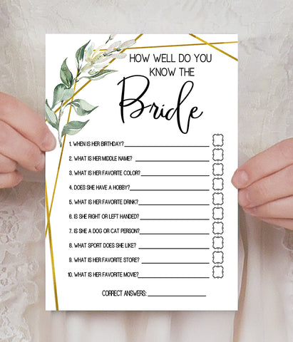 How well do you know the Bride Bridal Shower, Ready to Print, greenery gold geometric G 107-10