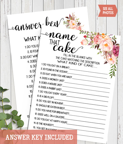 Name that Cake bridal shower game, pink boho chic wedding bridal shower wedding shower