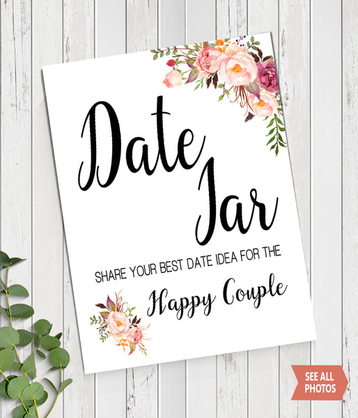 Date Jar ideas for Couple Bridal Shower Game, Ready to Print, Pink floral boho chic G 103-03