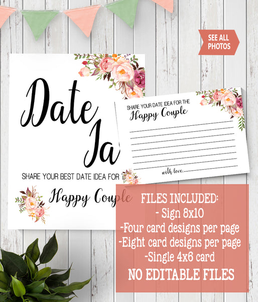 Date Jar ideas for Couple Bridal Shower Game, Ready to Print, Pink floral boho chic G 103-03