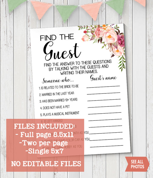 Find the Guest Bridal Shower game, Ready to Print, Pink floral boho chic G 103-05