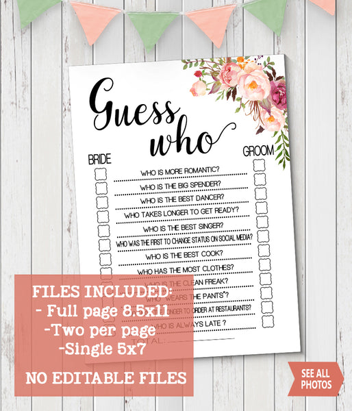 Guess Who Bridal Shower game, Ready to Print, Pink floral boho chic G 103-06