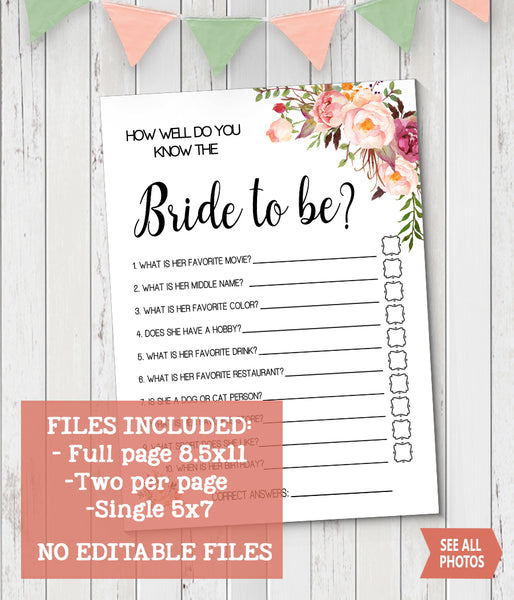 How well do you know the Bride Bridal Shower, Ready to Print, Pink floral boho chic G 103-10