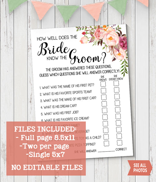 How well does Bride know Groom Bridal Shower game, Ready to Print, Pink floral boho chic G 103-11