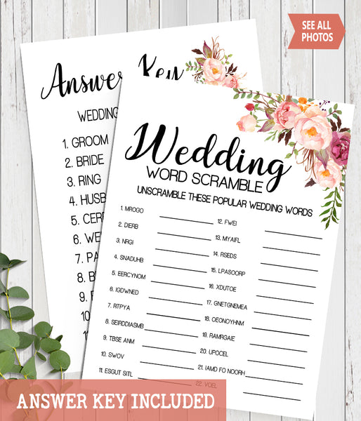 Wedding word scramble bridal shower game, Ready to Print, Pink floral boho chic G 103-14