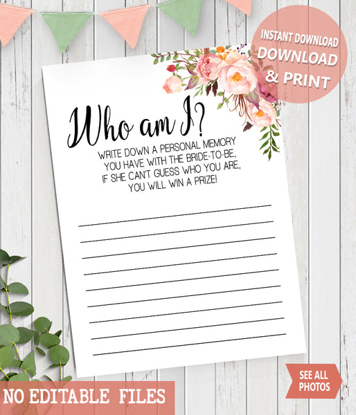 Who I am? Bridal Shower Game, Ready to Print, Pink floral boho chic G 103-16