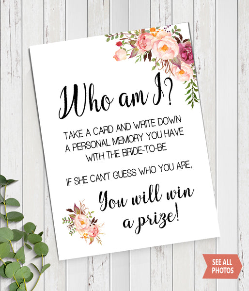 Who I am? Bridal Shower Game, Ready to Print, Pink floral boho chic G 103-16