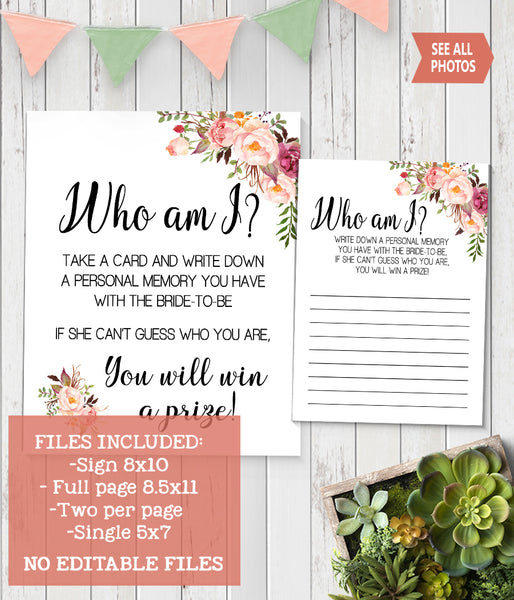 Who I am? Bridal Shower Game, Ready to Print, Pink floral boho chic G 103-16