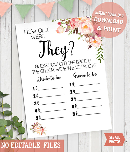 How Old were They? Bridal Shower Game, Ready to Print, Pink floral boho chic G 103-18