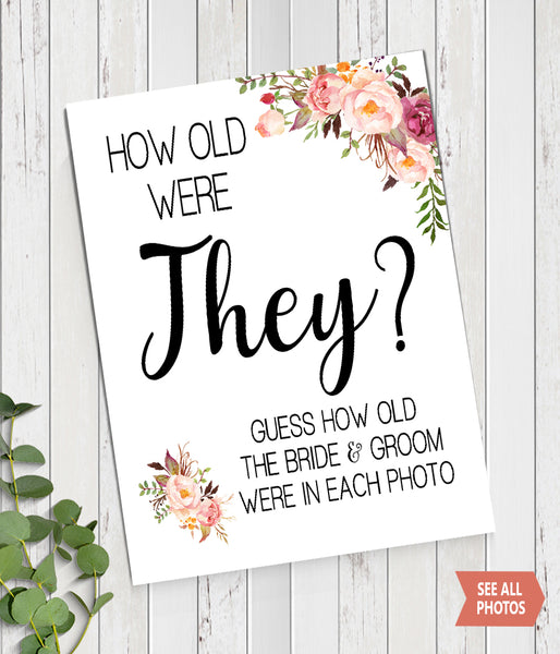 How Old were They? Bridal Shower Game, Ready to Print, Pink floral boho chic G 103-18