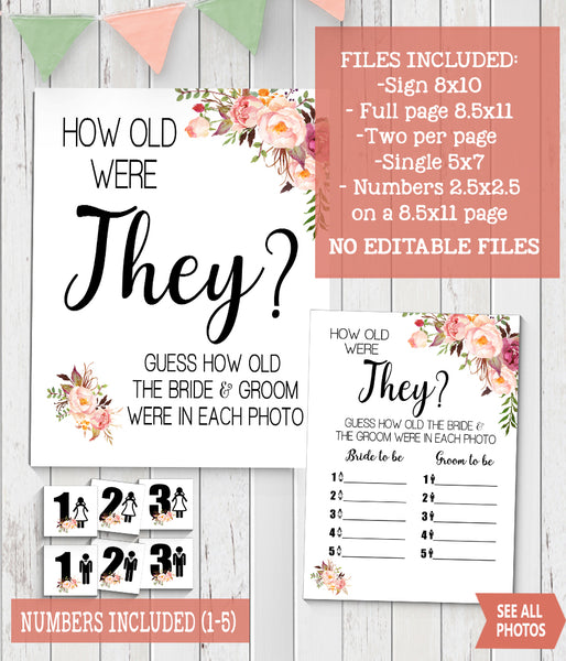 How Old were They? Bridal Shower Game, Ready to Print, Pink floral boho chic G 103-18