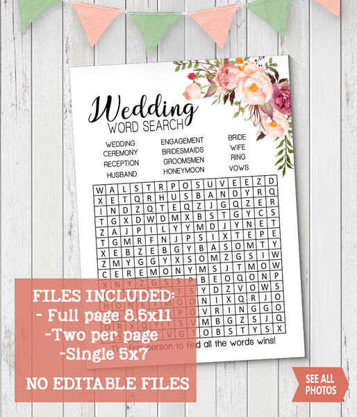 Wedding word search bridal shower game, Ready to Print, Pink floral boho chic G 103-19