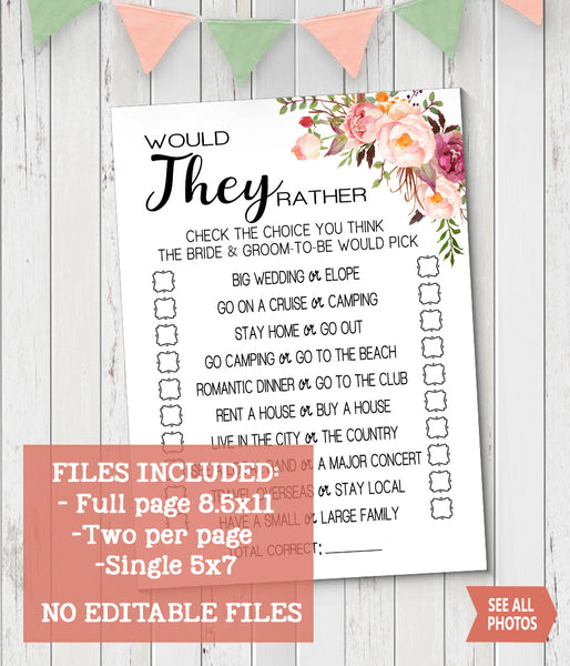 Would They Rather? Bridal Shower game, Ready to Print, Pink floral boho chic G 103-20