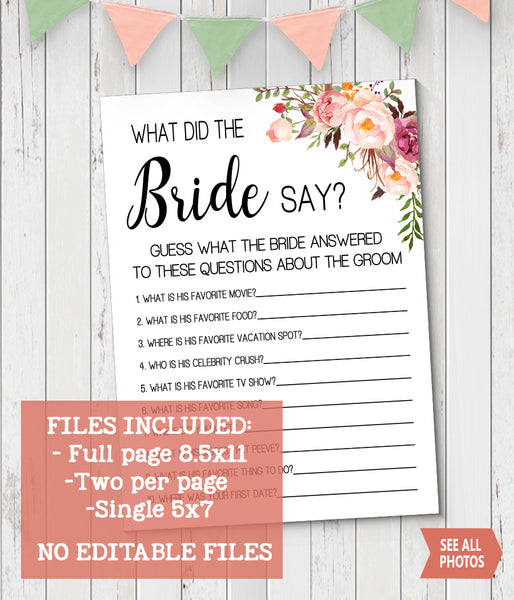 What did the Bride Say Bridal Shower game, Ready to Print, Pink floral boho chic G 103-26