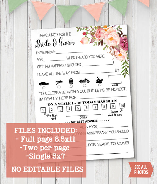 Leave a note to the Bride and Groom Wedding activity, Ready to Print, Pink floral boho chic G 103-36