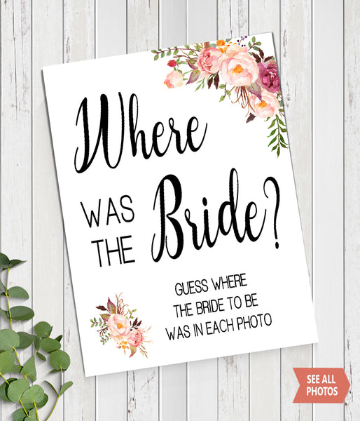 Where was She Bridal Shower Game, Ready to Print, Pink floral boho chic G 103-45