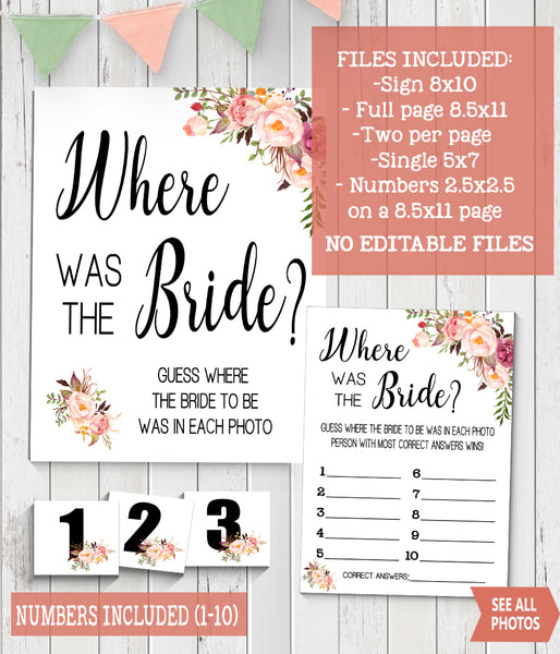 Where was She Bridal Shower Game, Ready to Print, Pink floral boho chic G 103-45