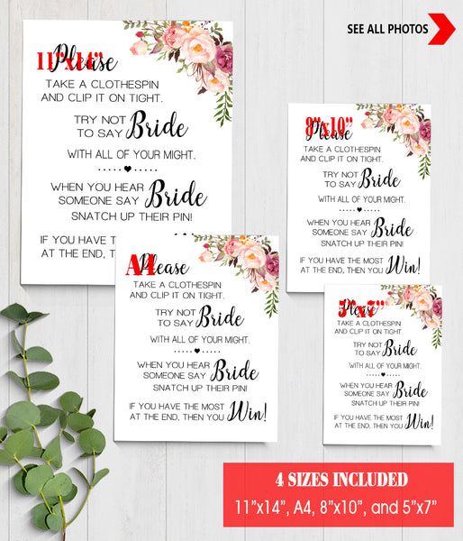 The Clothespin Bridal Shower Game, Ready to Print, Pink floral boho chic G 103-55