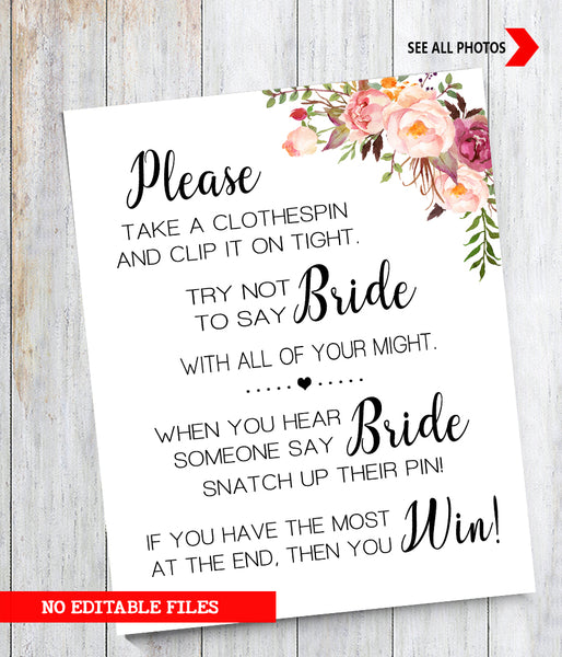 The Clothespin Bridal Shower Game, Ready to Print, Pink floral boho chic G 103-55