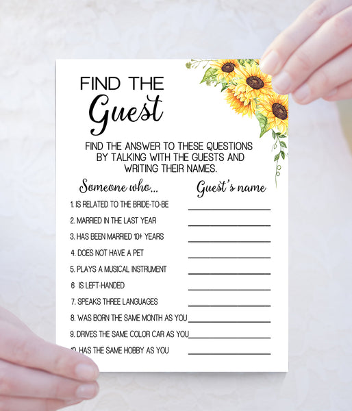 Find the Guest Bridal Shower game, Ready to Print, sunflowers floral boho chic G 104-05