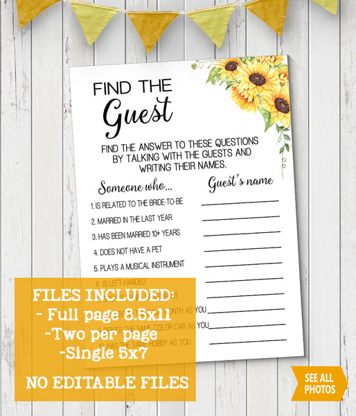 Find the Guest Bridal Shower game, Ready to Print, sunflowers floral boho chic G 104-05