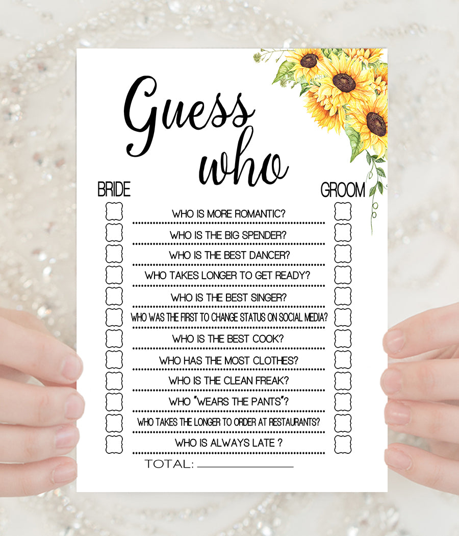 Guess Who Bridal Shower game, Ready to Print, sunflowers country chic G 104-06