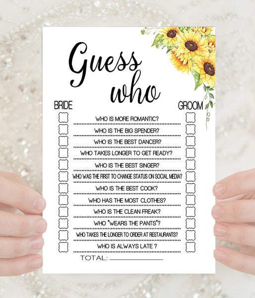 Guess Who Bridal Shower game, Ready to Print, sunflowers country chic G 104-06