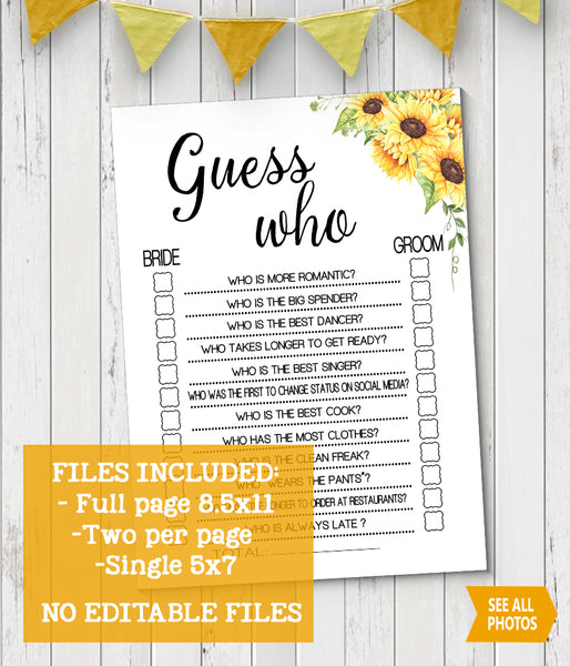 Guess Who Bridal Shower game, Ready to Print, sunflowers country chic G 104-06