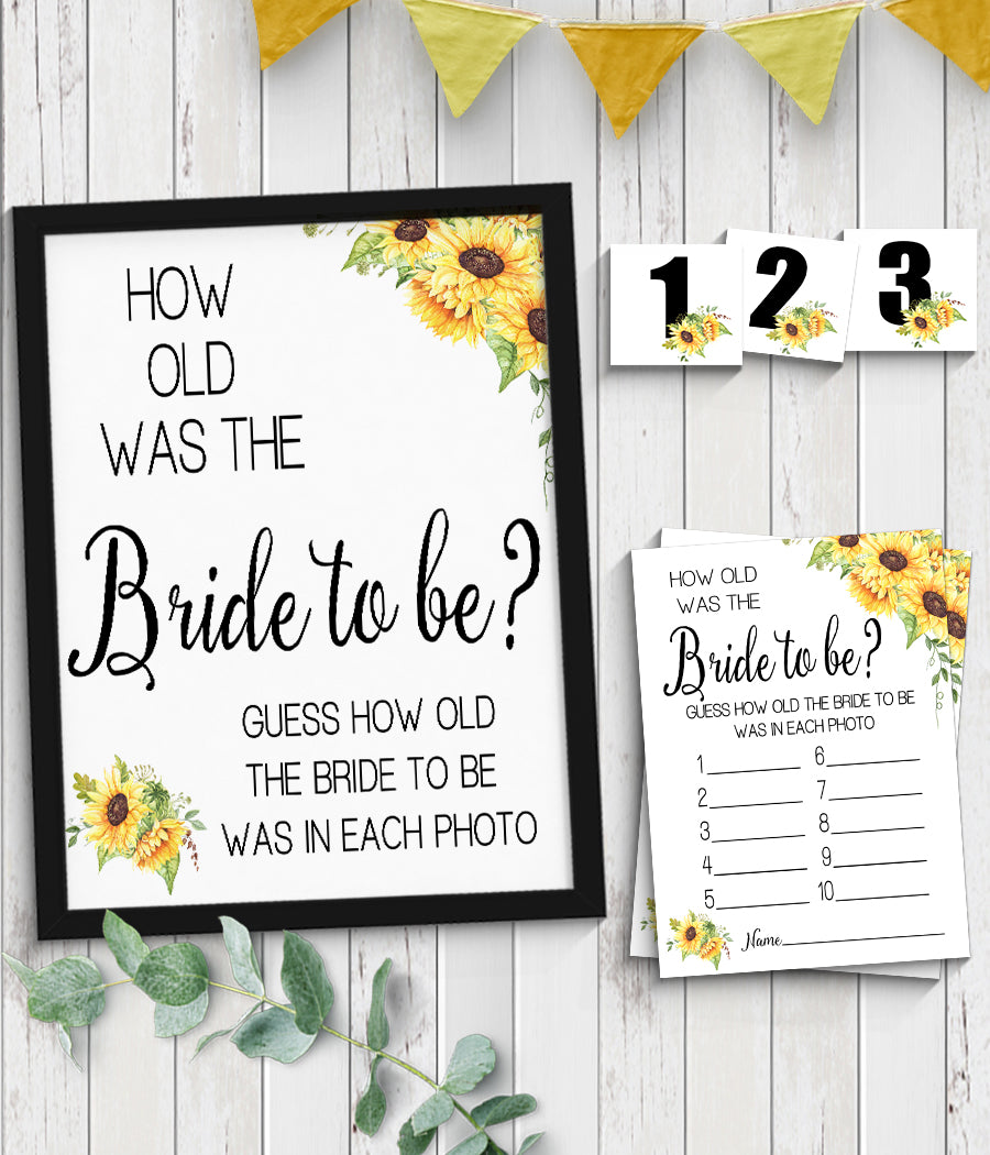 How Old was the Bride to Be Bridal Shower Game, Ready to Print, sunflowers country chic G 104-08