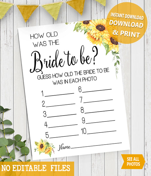 How Old was the Bride to Be Bridal Shower Game, Ready to Print, sunflowers country chic G 104-08