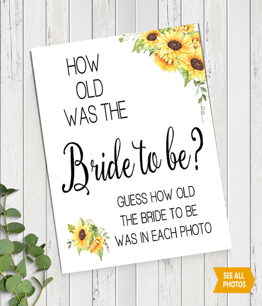 How Old was the Bride to Be Bridal Shower Game, Ready to Print, sunflowers country chic G 104-08