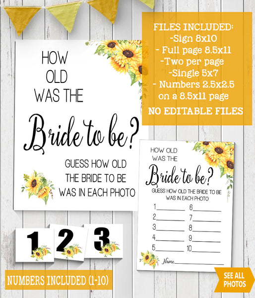 How Old was the Bride to Be Bridal Shower Game, Ready to Print, sunflowers country chic G 104-08