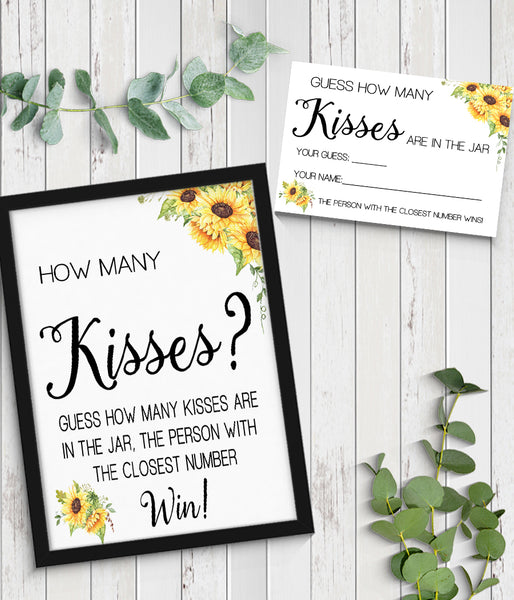 Guess how many Kisses Bridal Shower Game, Ready to Print, sunflowers country chic G 104-09