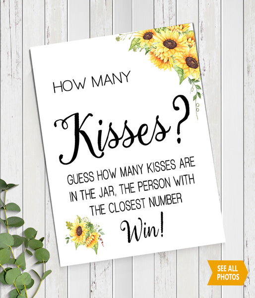 Guess how many Kisses Bridal Shower Game, Ready to Print, sunflowers country chic G 104-09