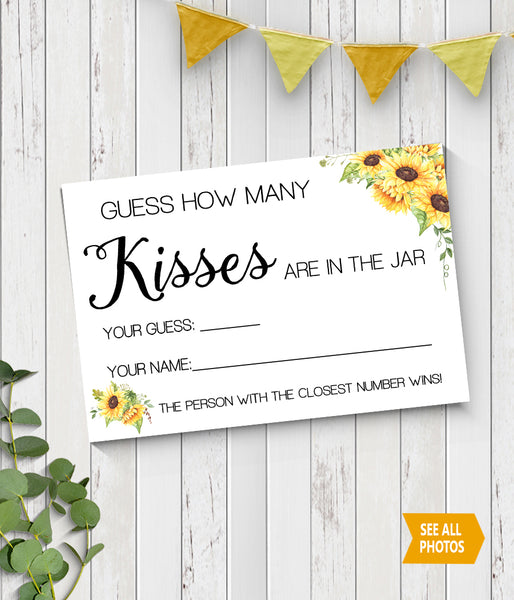 Guess how many Kisses Bridal Shower Game, Ready to Print, sunflowers country chic G 104-09