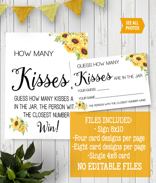 Guess how many Kisses Bridal Shower Game, Ready to Print, sunflowers country chic G 104-09