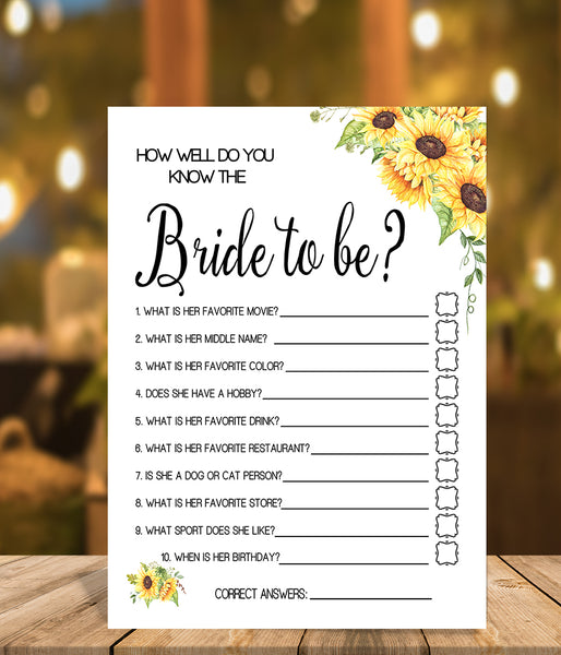 How well do you know the Bride Bridal Shower, Ready to Print, sunflowers floral country chic G 104-10