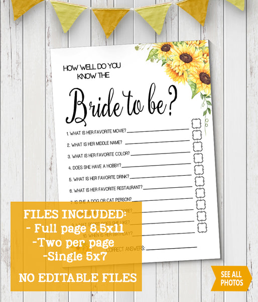 How well do you know the Bride Bridal Shower, Ready to Print, sunflowers floral country chic G 104-10
