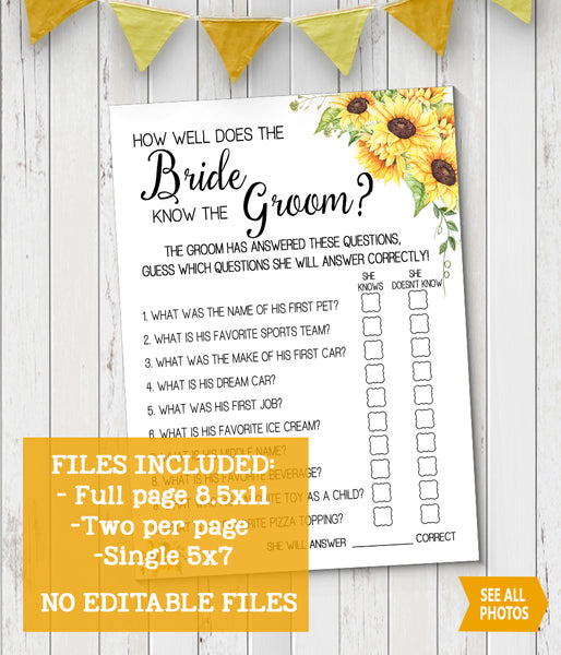 How well does Bride know Groom Bridal Shower game, Ready to Print, sunflower country chic G 104-11