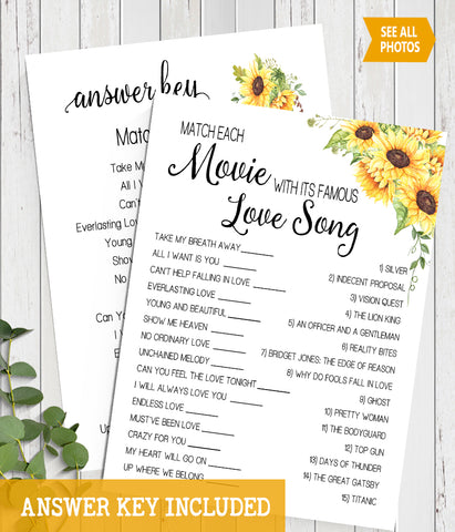 Match Movie with love song Bridal Shower game, Ready to Print, sunflowers country chic G 104-12