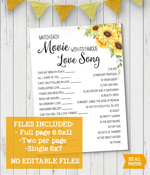 Match Movie with love song Bridal Shower game, Ready to Print, sunflowers country chic G 104-12