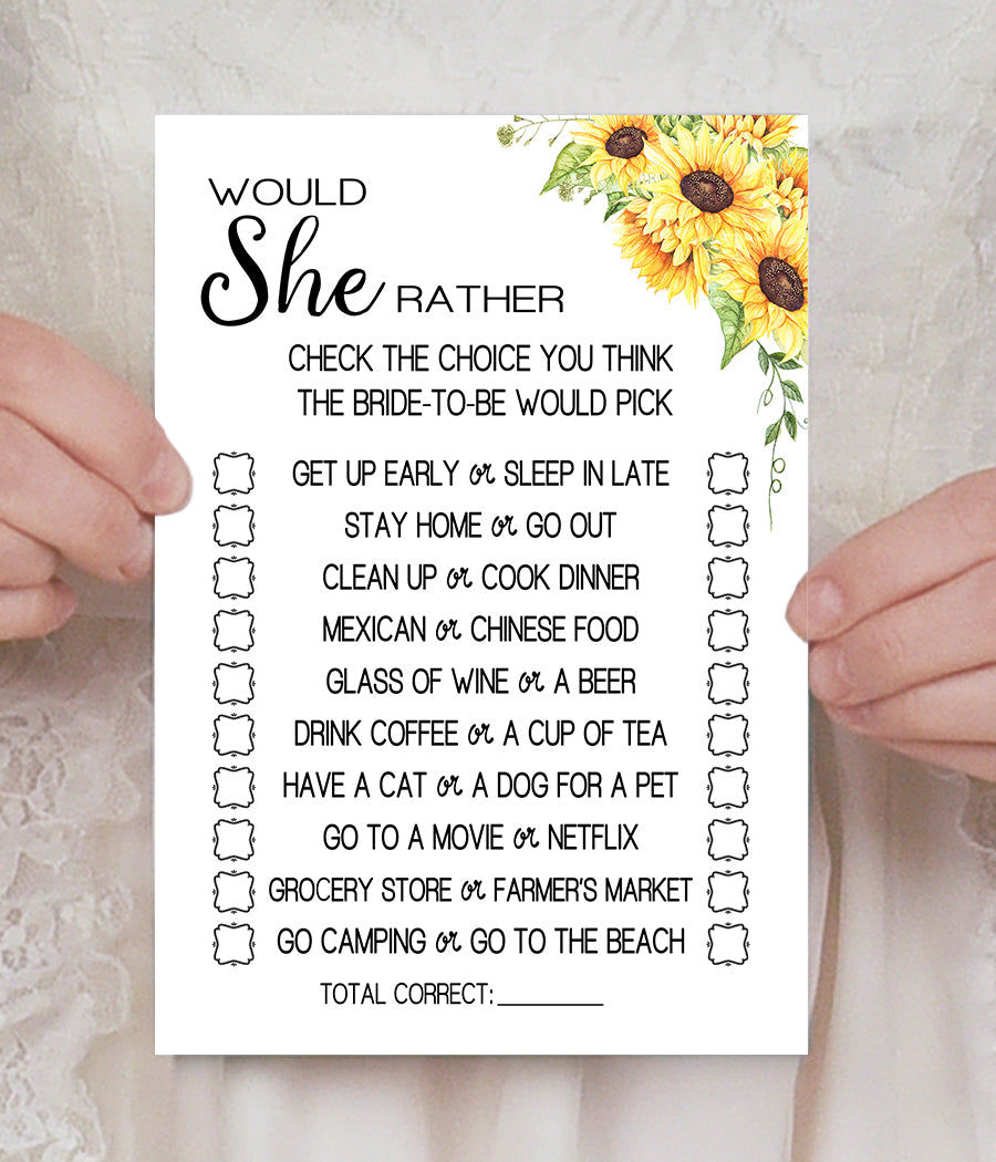 Would She Rather? Bridal Shower game, Ready to Print, sunflower country chic G 104-13