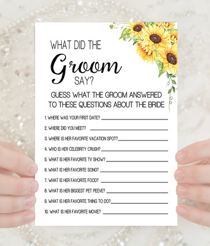What did the Groom say Bridal Shower game, Ready to Print, sunflowers country chic G 104-15