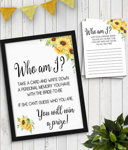 Who I am? Bridal Shower Game, Ready to Print, sunflower country chic G 104-16