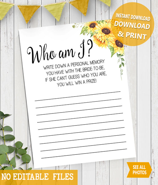 Who I am? Bridal Shower Game, Ready to Print, sunflower country chic G 104-16