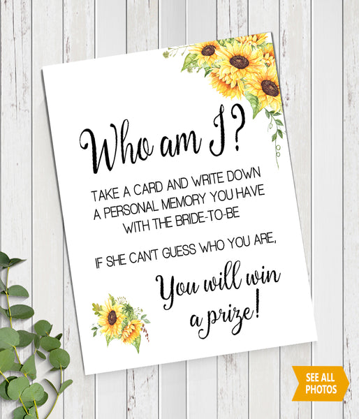 Who I am? Bridal Shower Game, Ready to Print, sunflower country chic G 104-16