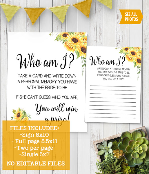 Who I am? Bridal Shower Game, Ready to Print, sunflower country chic G 104-16