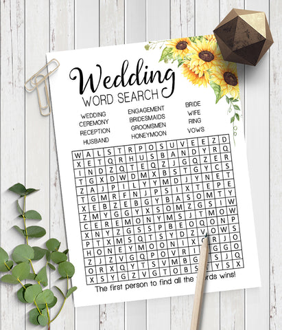 Wedding word search bridal shower game, Ready to Print, sunflowers country chic G 104-19