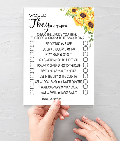 Would They Rather? Bridal Shower game, Ready to Print, sunflower country chic G 104-20